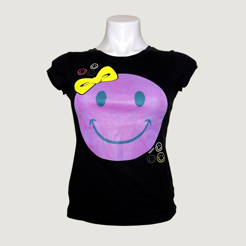 Y2K Justice Scene Black Smiley Face Graphic Baby Tee Shirt Kidcore Cute #16